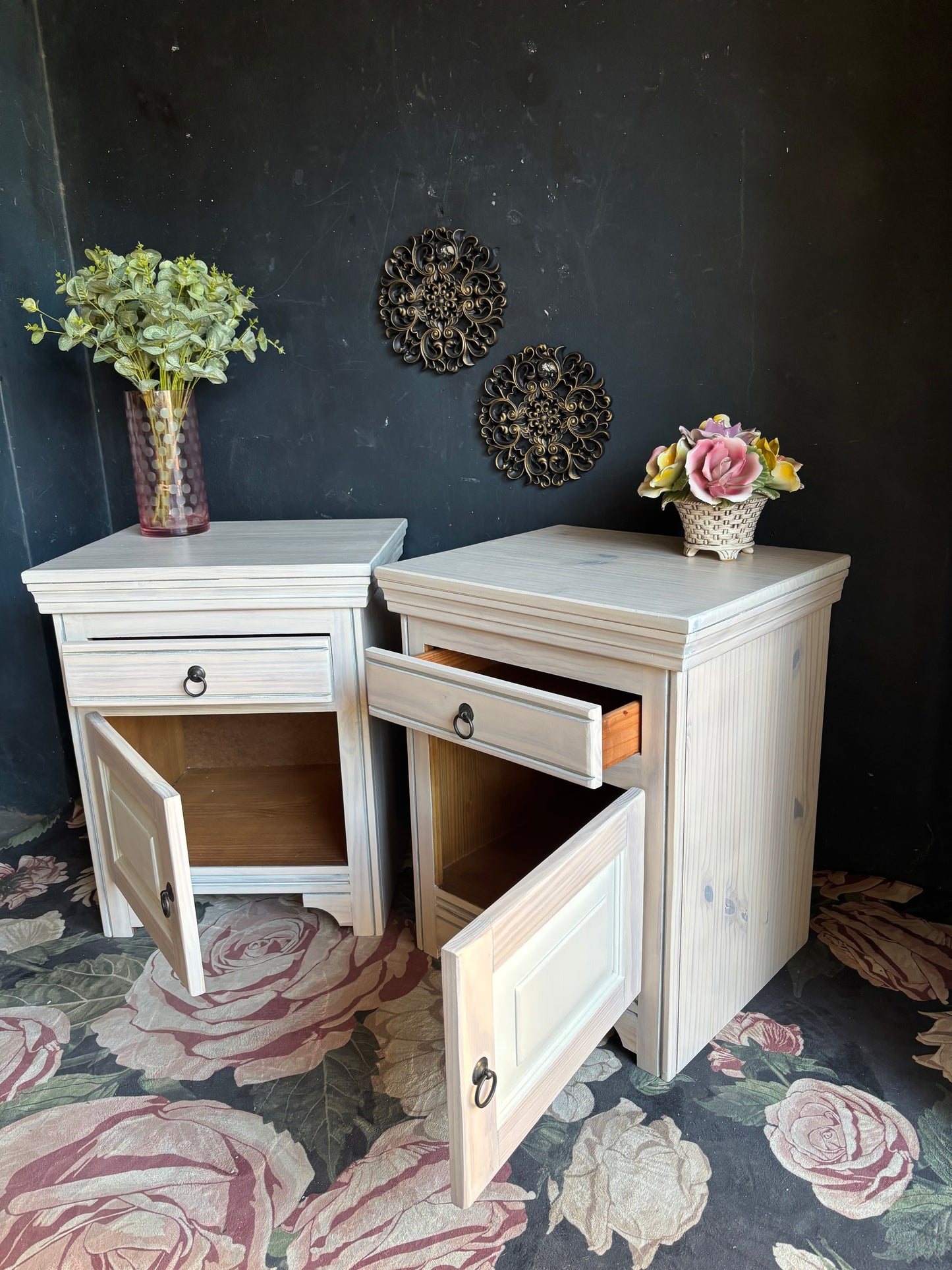 Pine Bedside Tables with Drawer and Cupboard
