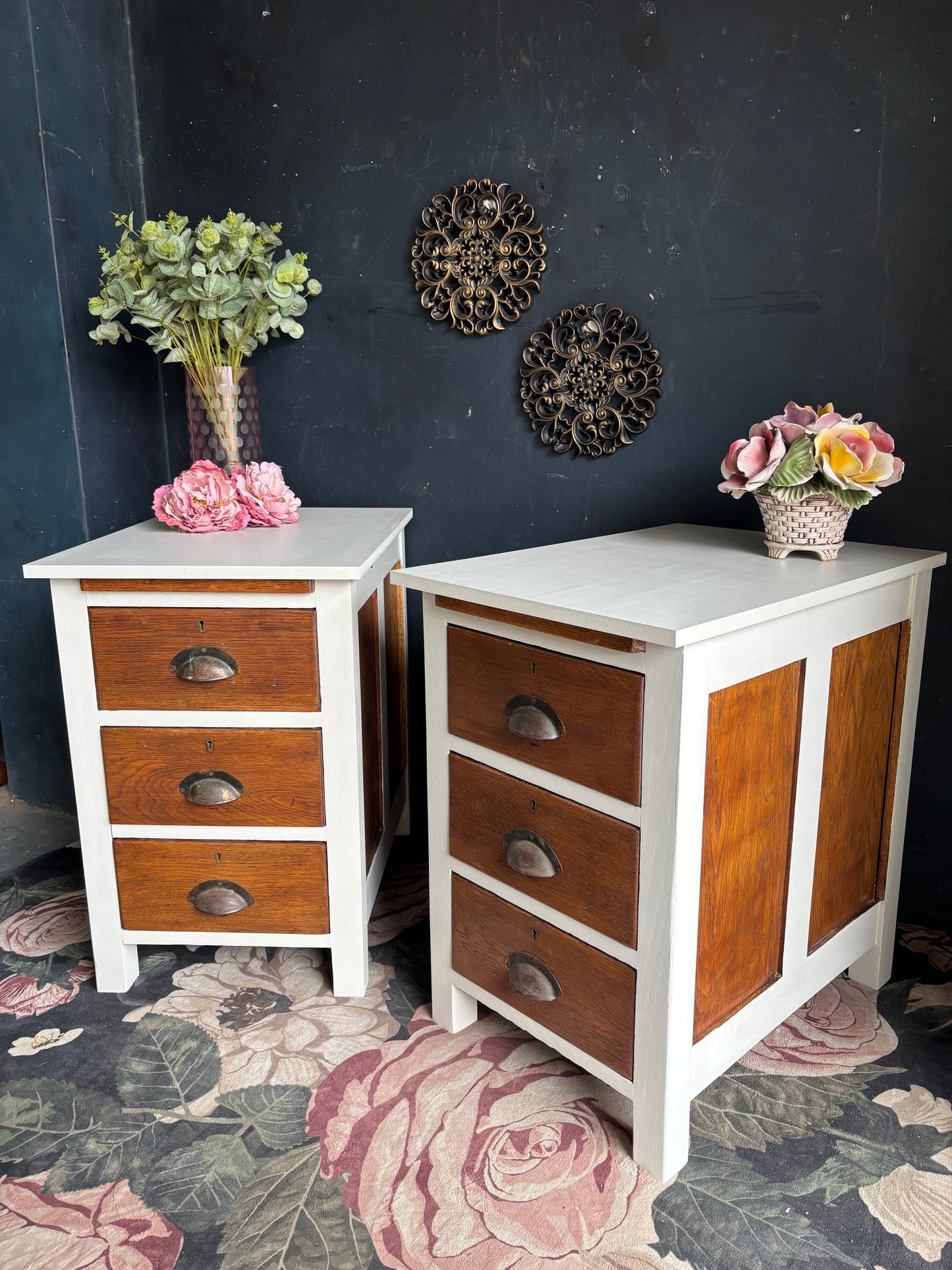Vintage Oak & Soft White Bedside Tables (Pair)