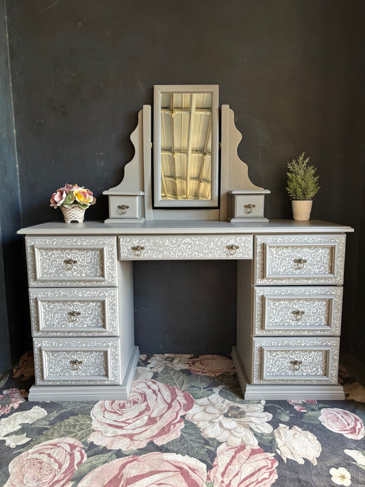 Ornate Warm Grey Vanity Desk with Mirror