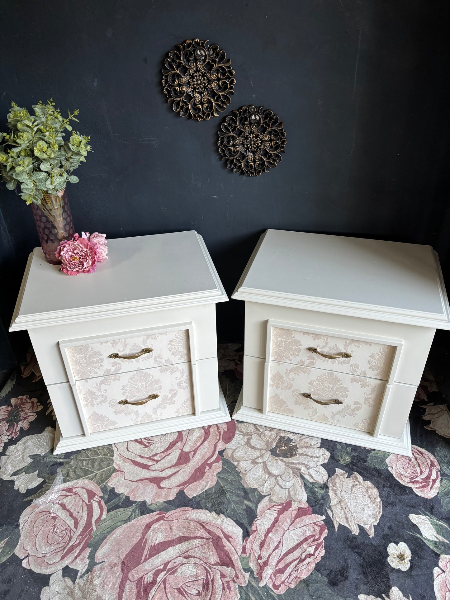 Elegant Oversized Cream Damask Nightstands (Set of 2)