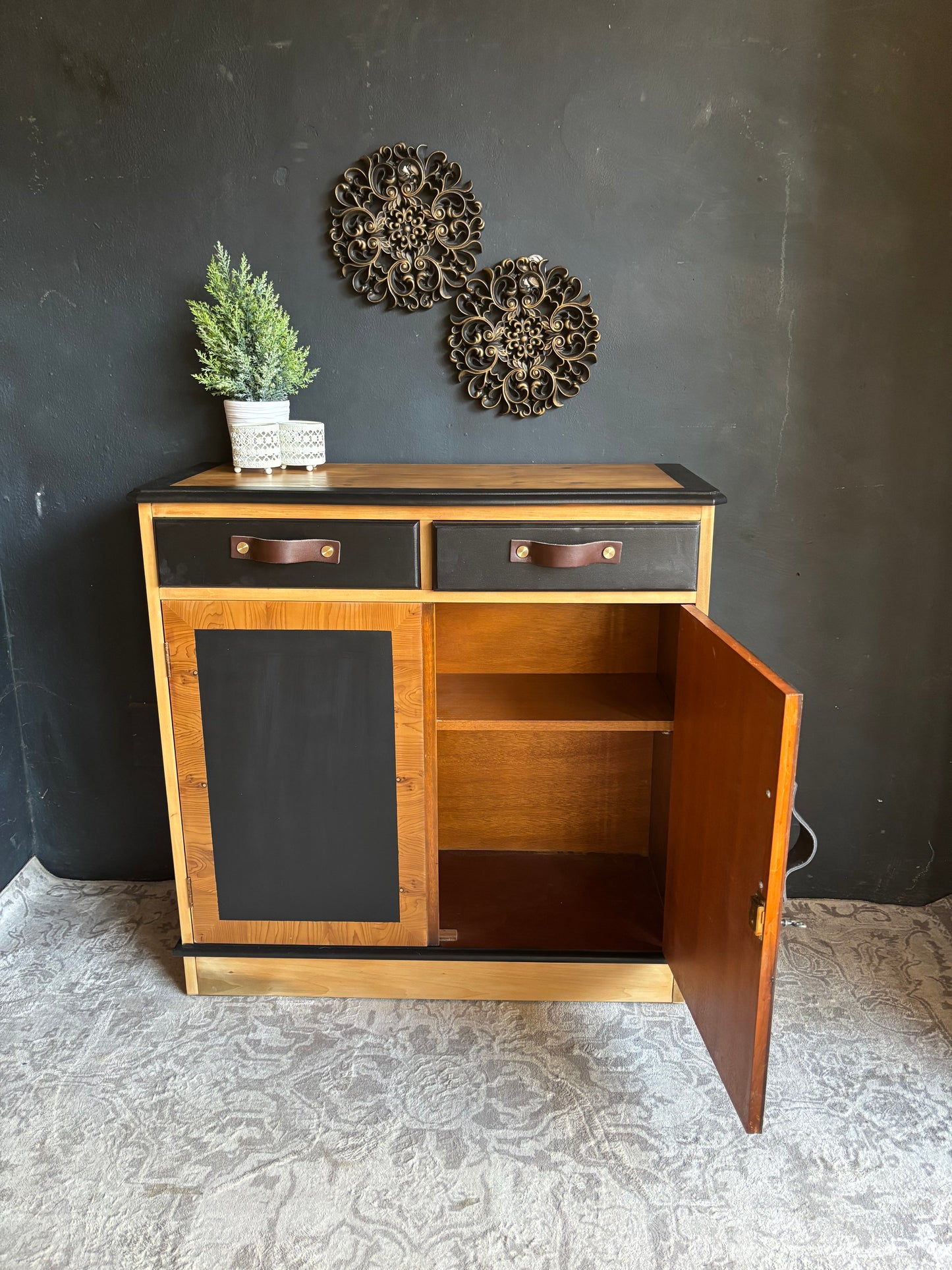 Two-Tone Cabinet with Leather Handles – Rustic Modern Charm