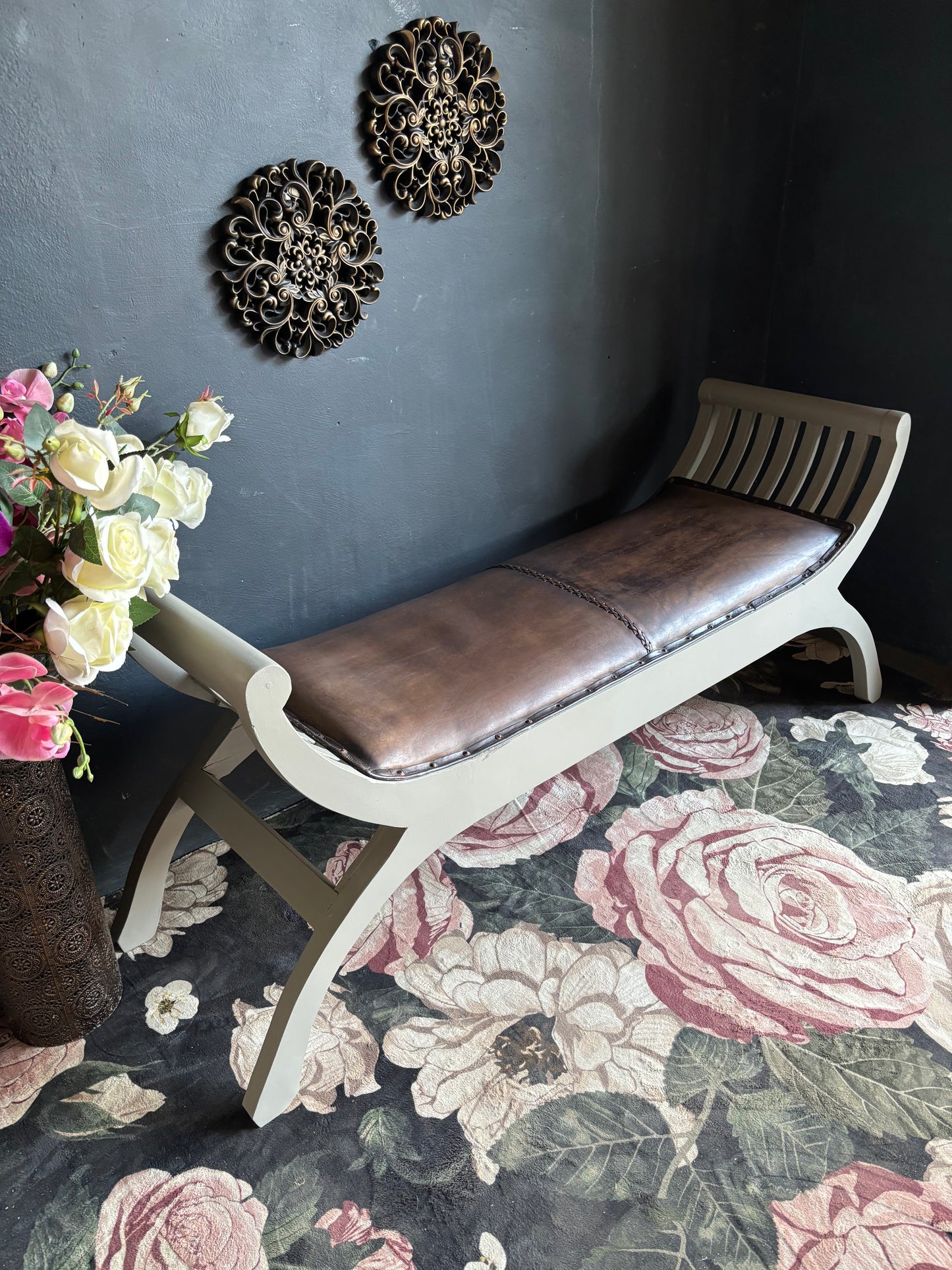 Curved Wooden Bench with Leather Seat