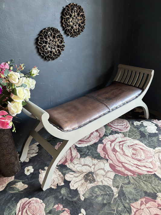 Curved Wooden Bench with Leather Seat