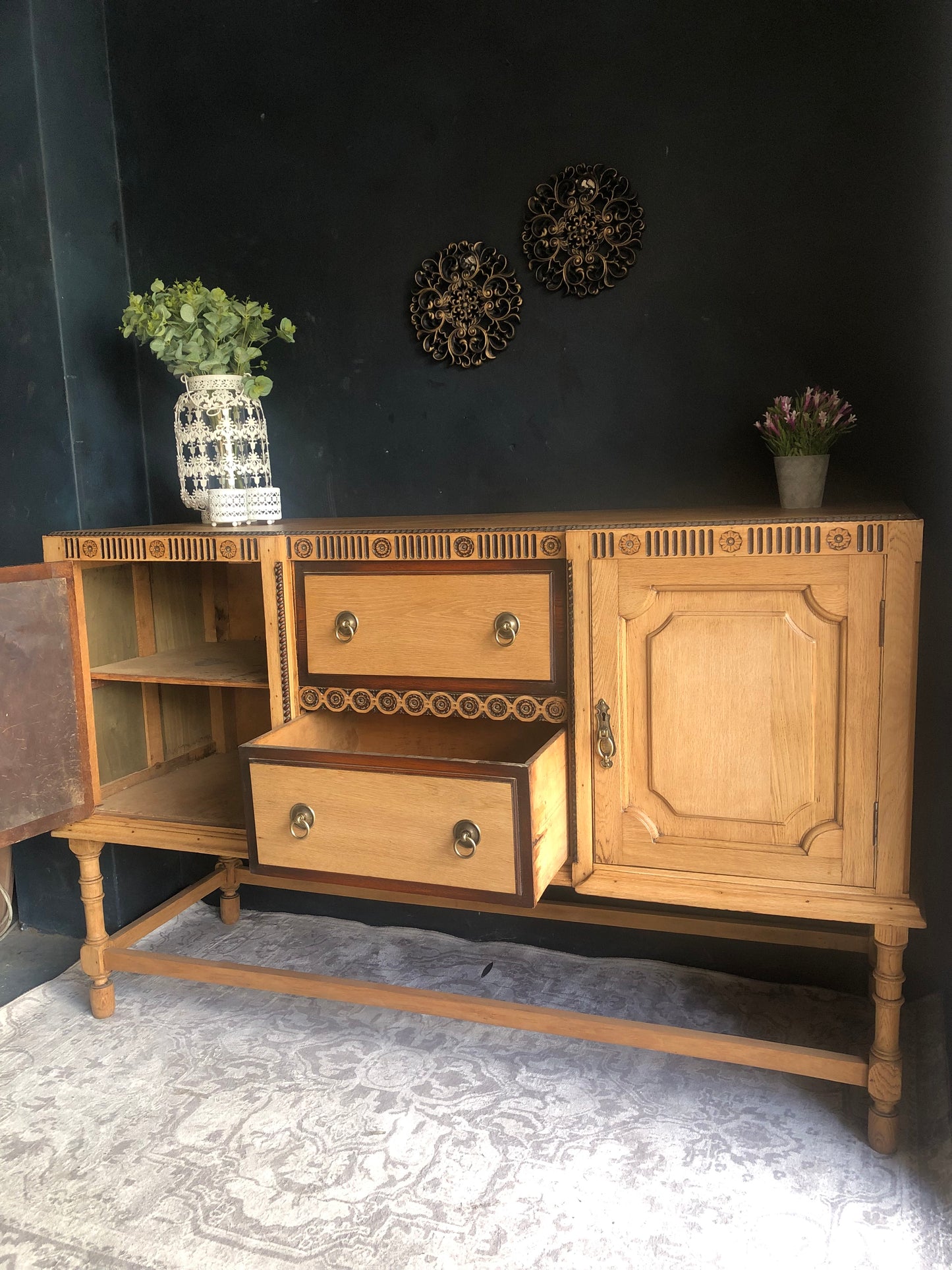 Solid Oak Vintage Sideboard with Carved Detail
