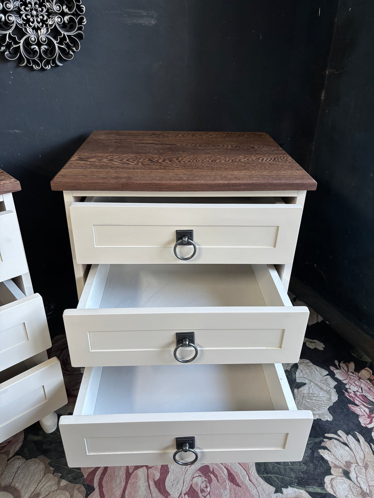 French Provincial Three-Drawer Bedside Tables with Solid Partridge Wood Tops