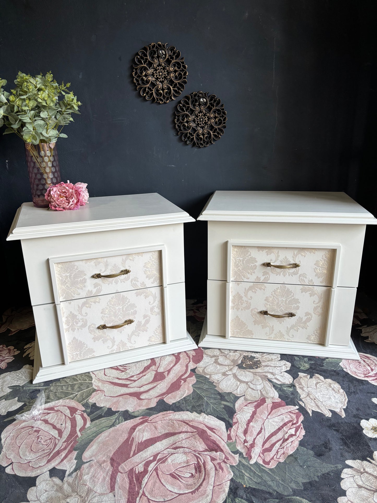 Elegant Oversized Cream Damask Nightstands (Set of 2)