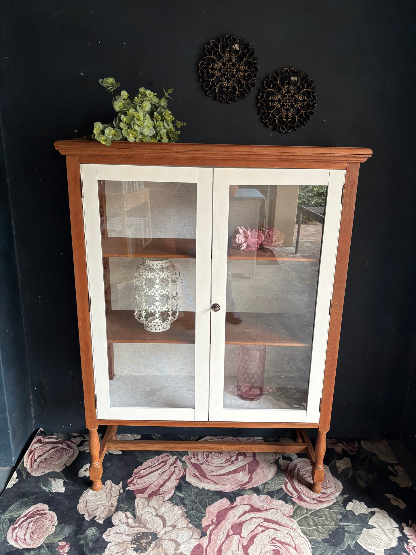 Vintage Teak & Linen Display Cabinet
