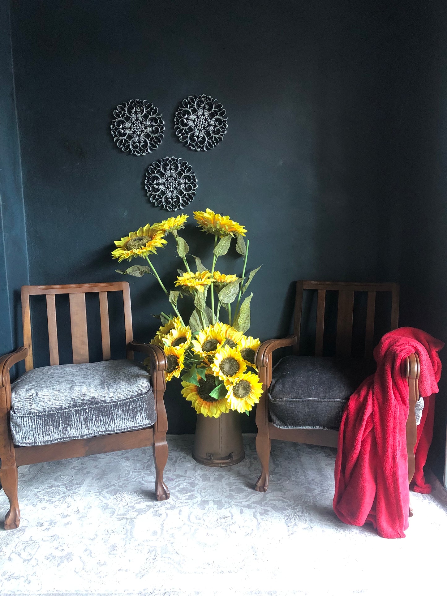 Vintage Carved Wood Armchairs – Velvet Textured Cushions