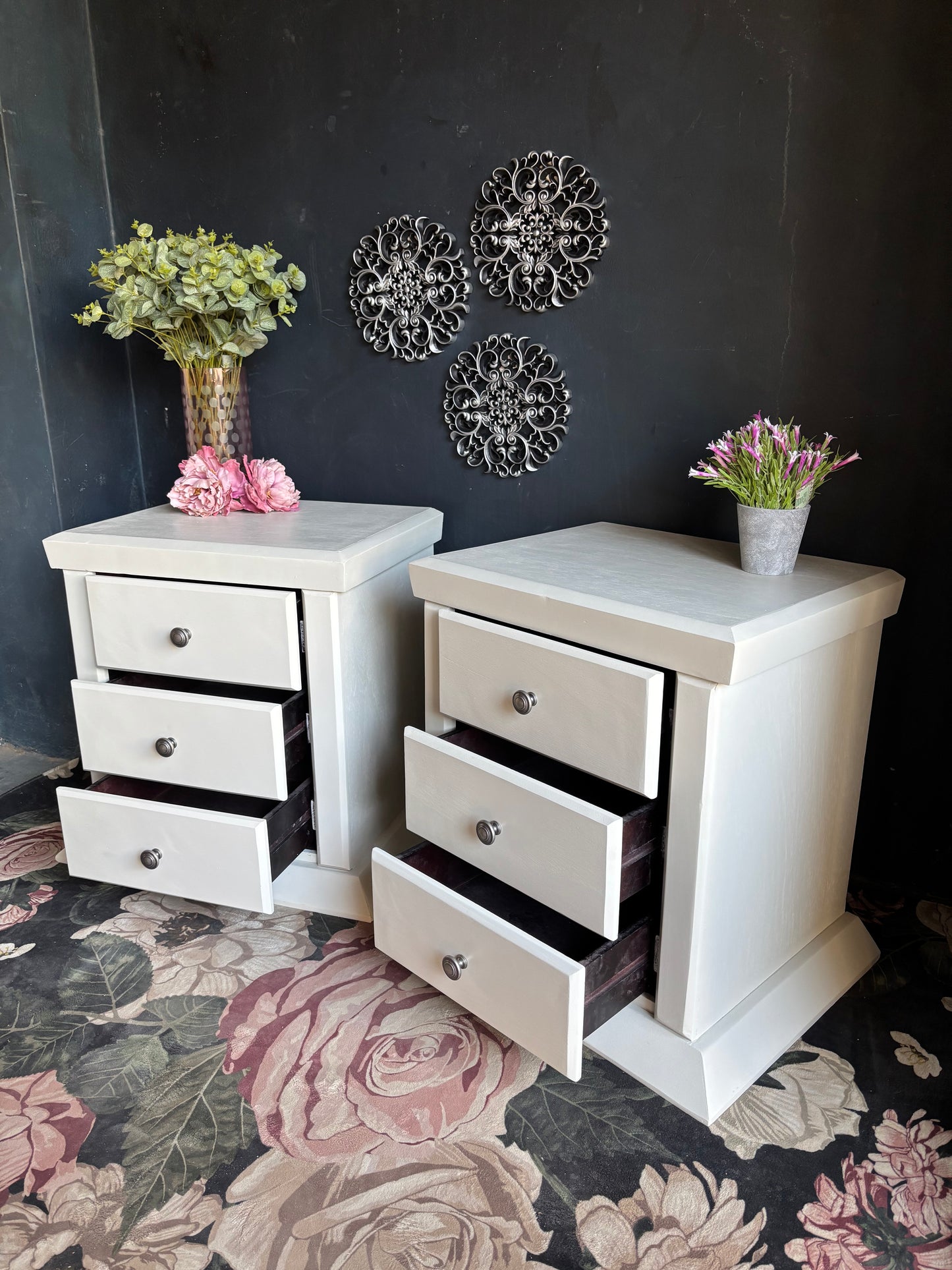 Pair of Soft White Three Drawer Bedside Tables