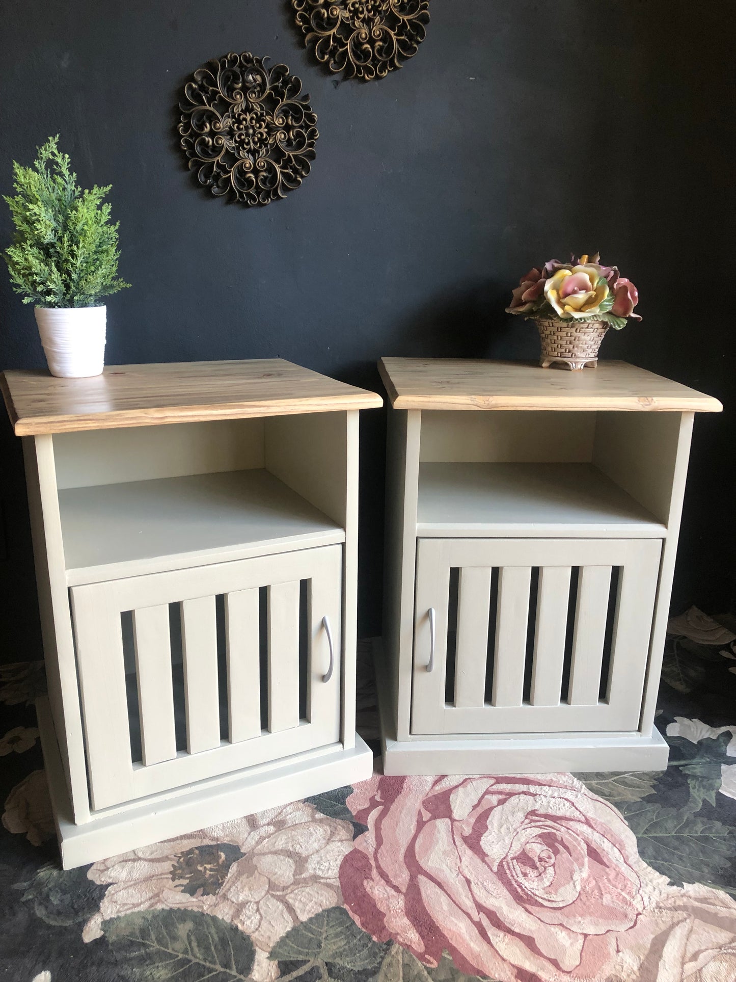 Pair of Bedside Tables with Slatted Door Design