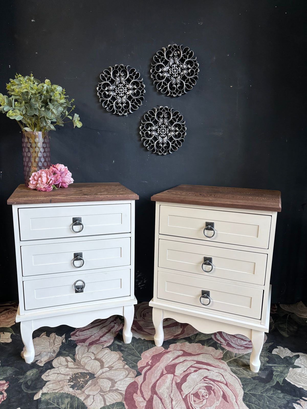 French Provincial Three-Drawer Bedside Tables with Solid Partridge Wood Tops