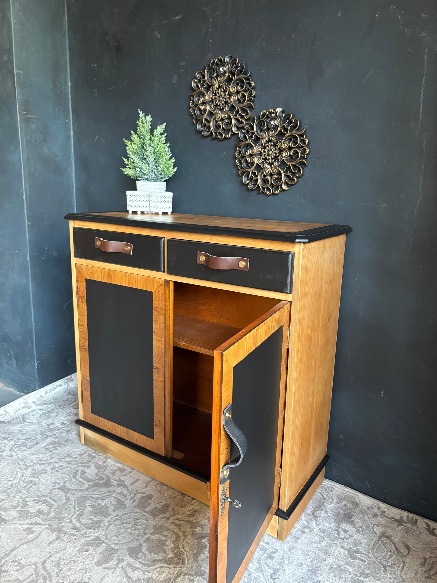 Two-Tone Cabinet with Leather Handles – Rustic Modern Charm