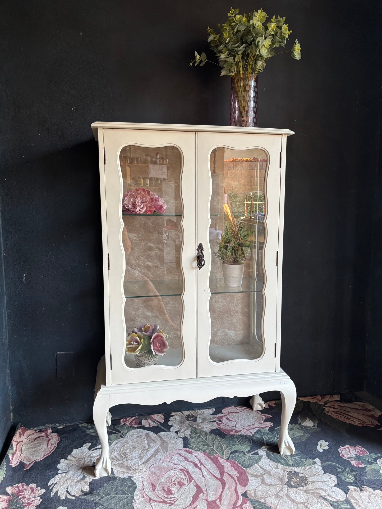 Vintage French Style Cream Glass Display Cabinet