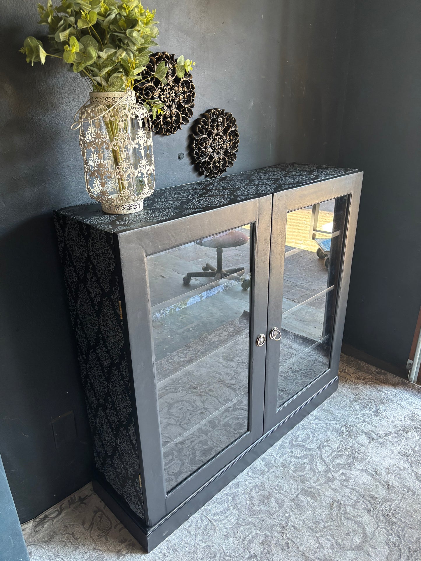 Navy Display Cabinet with Grey Raised Stencil Pattern
