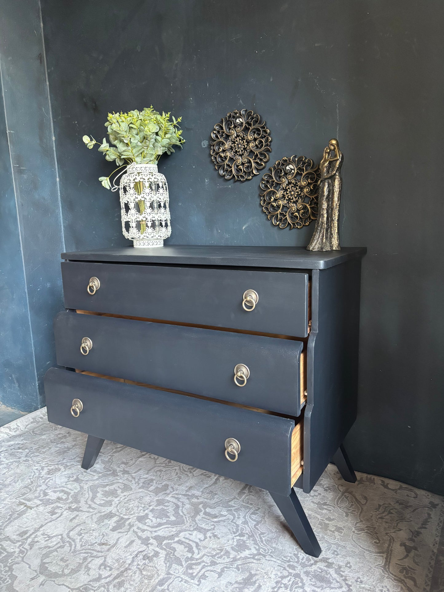 Navy 3 Drawer Chest with Brass Ring Handles