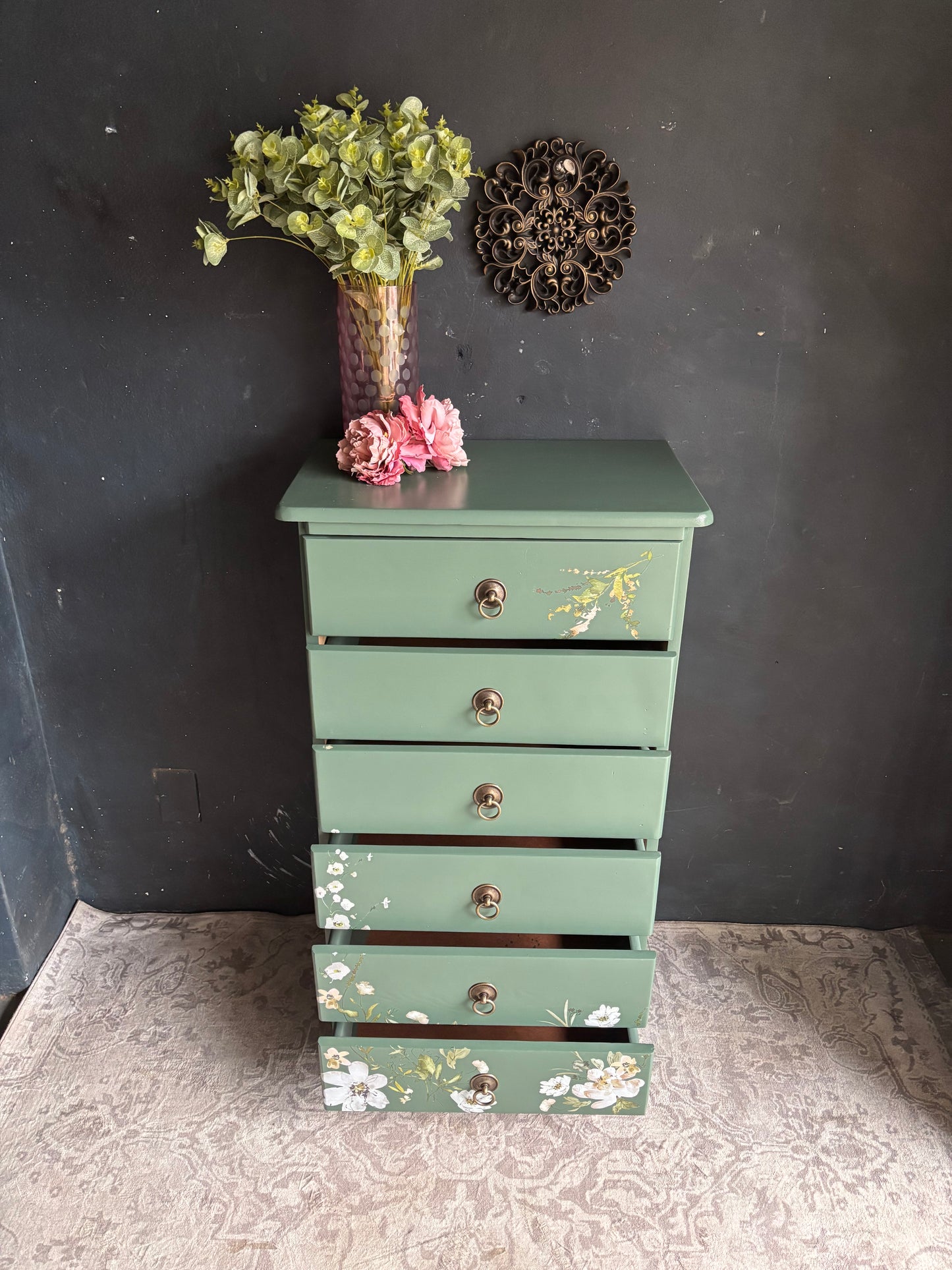 Floral Sage Green Tallboy Chest of Drawers