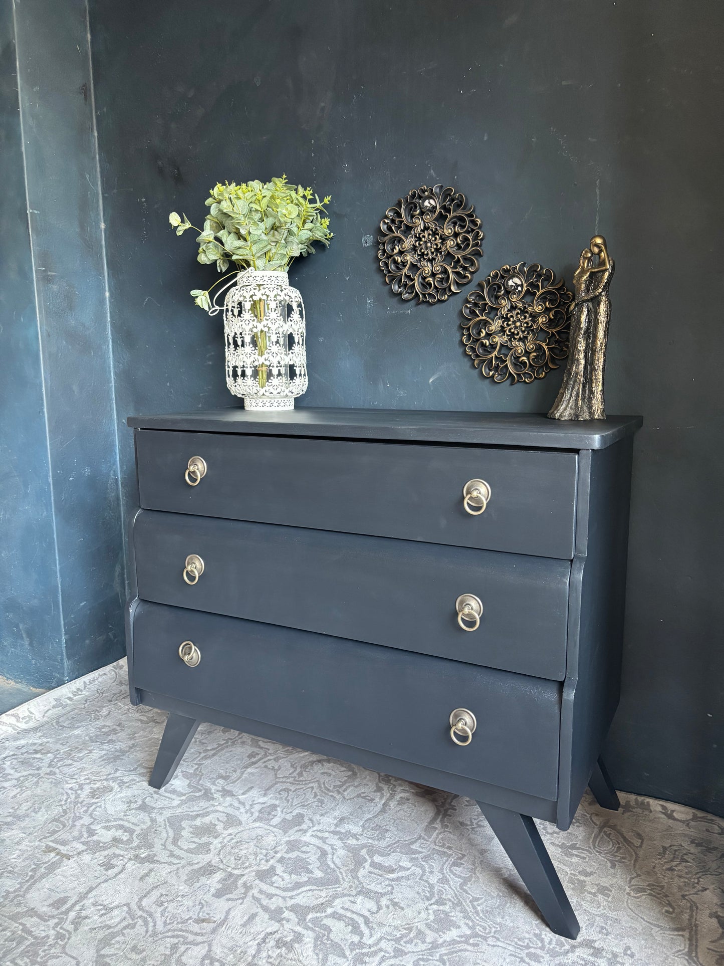 Navy 3 Drawer Chest with Brass Ring Handles