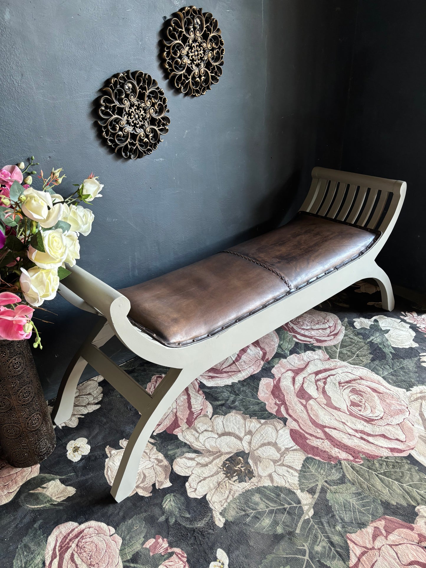 Curved Wooden Bench with Leather Seat