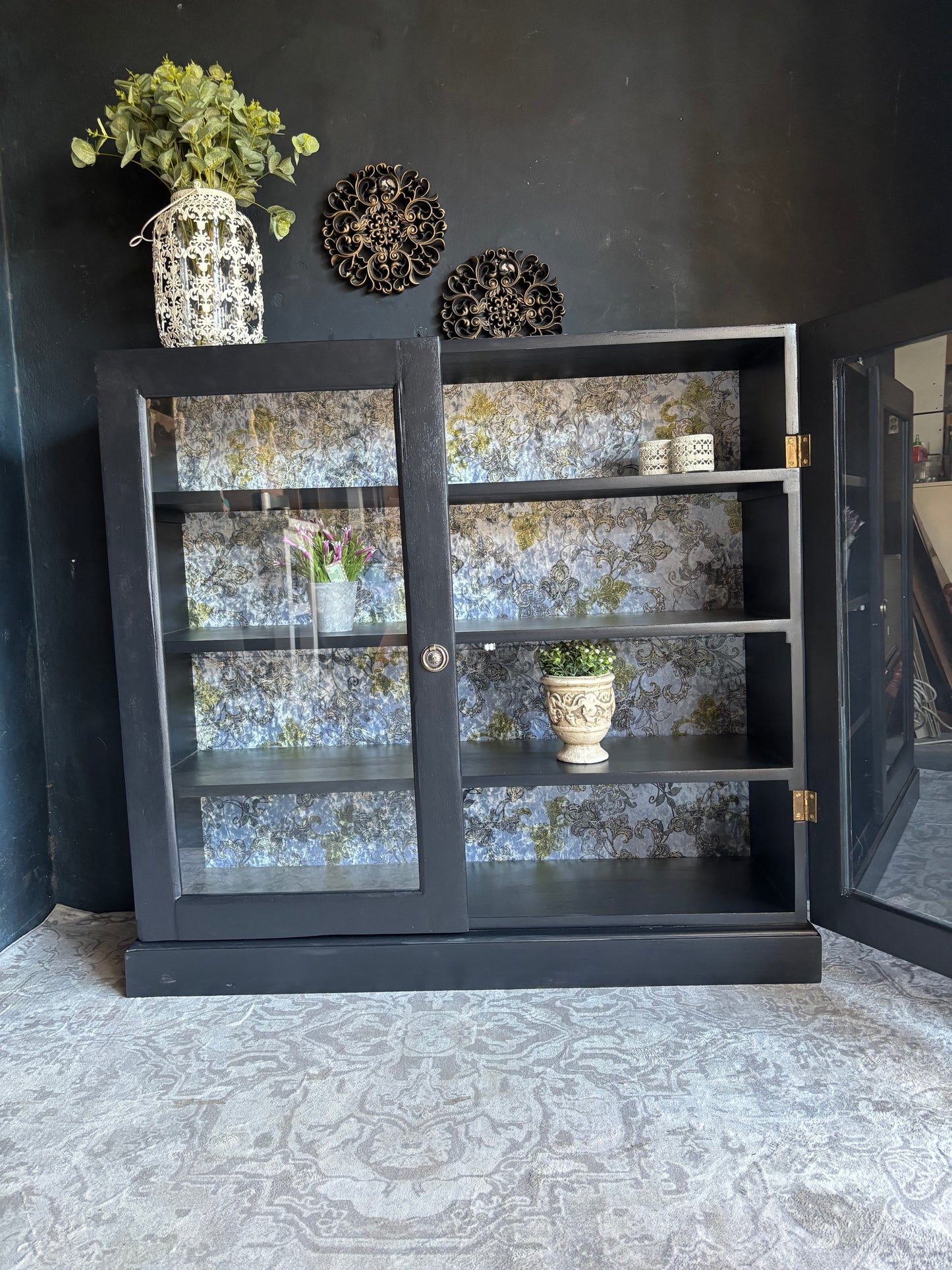 Navy Display Cabinet with Grey Raised Stencil Pattern