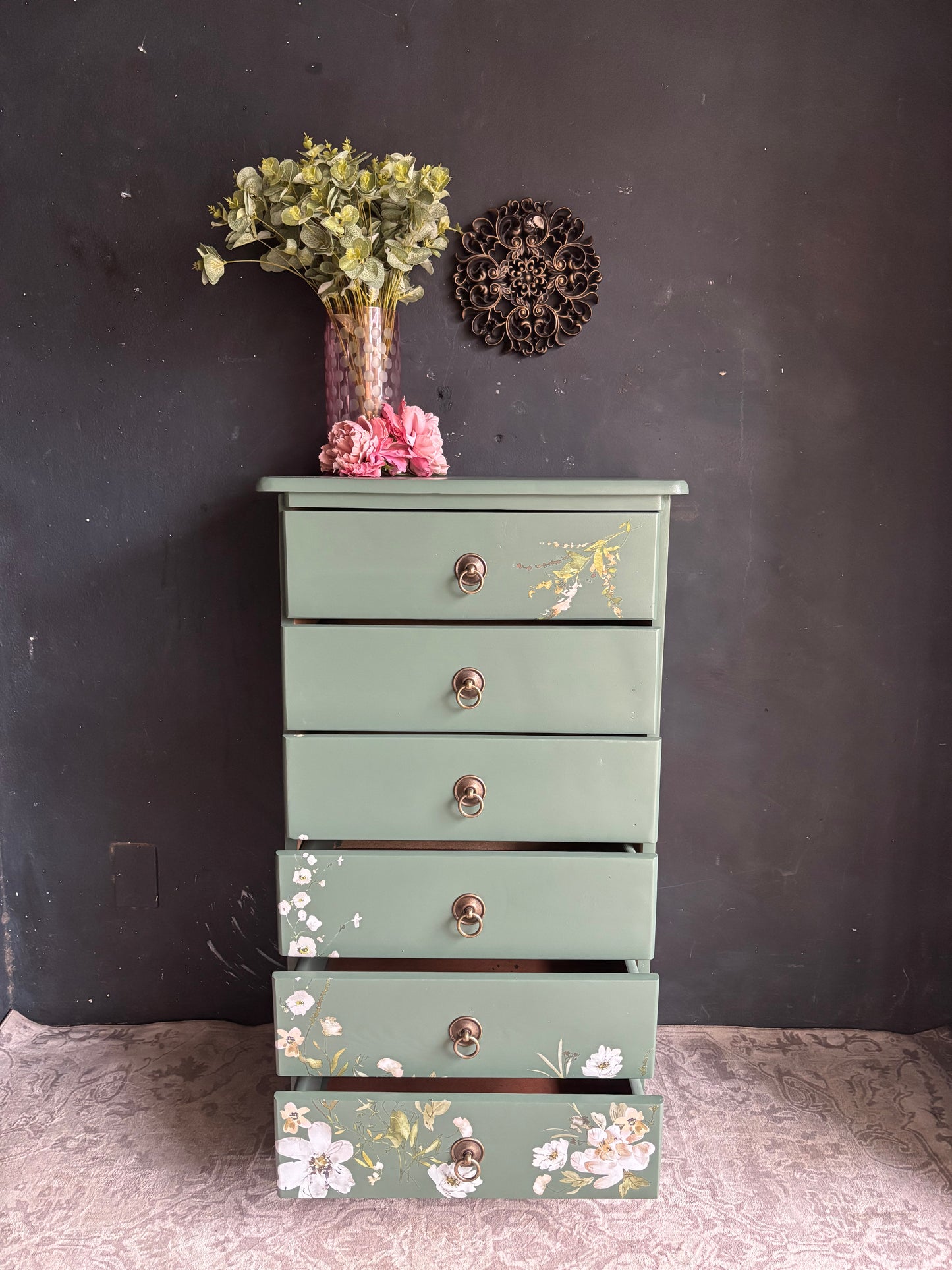 Floral Sage Green Tallboy Chest of Drawers