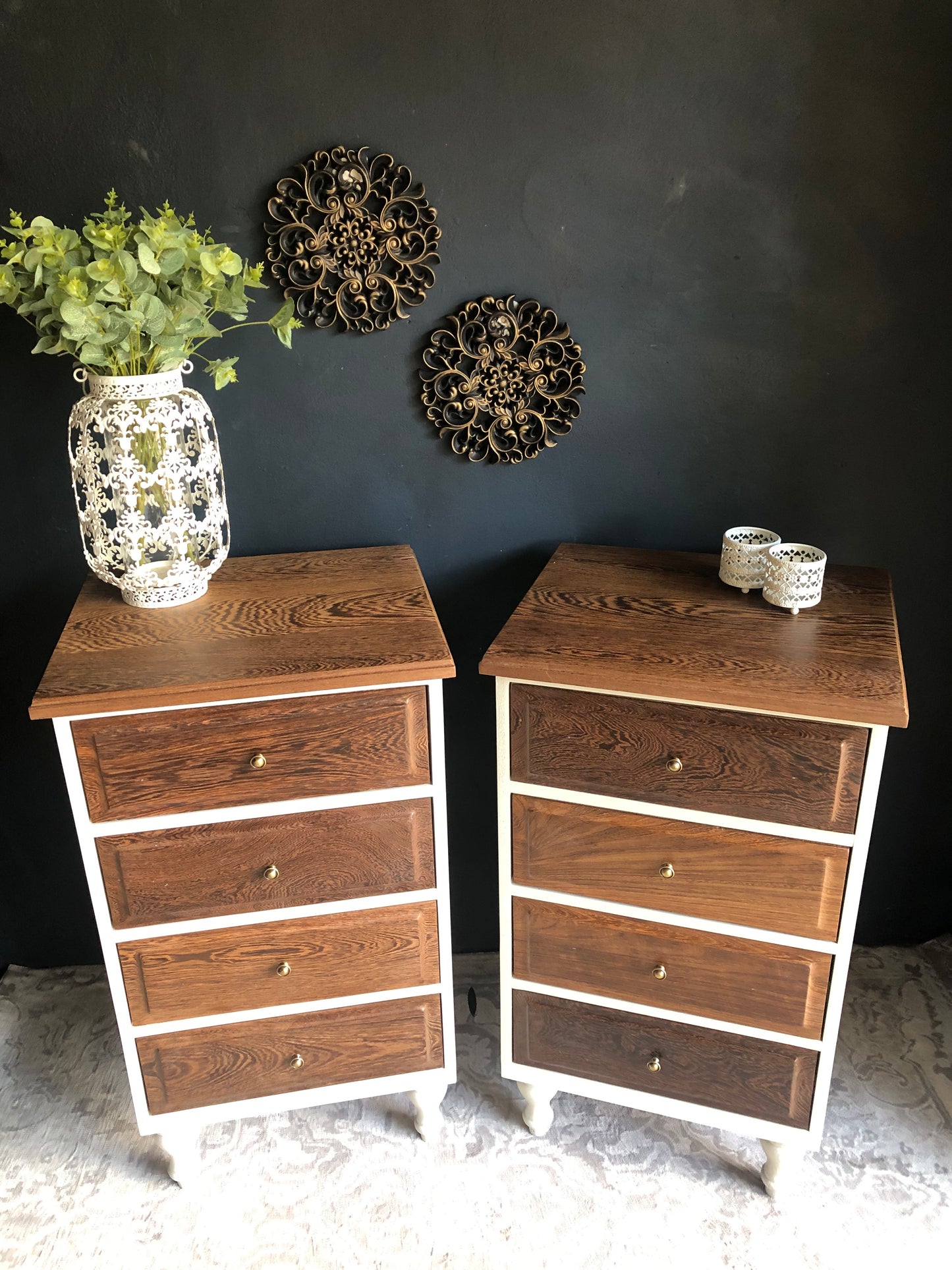 Pair of Tall 4-Drawer Bedside Chests – Solid Partridge Wood Tops & Drawer Fronts