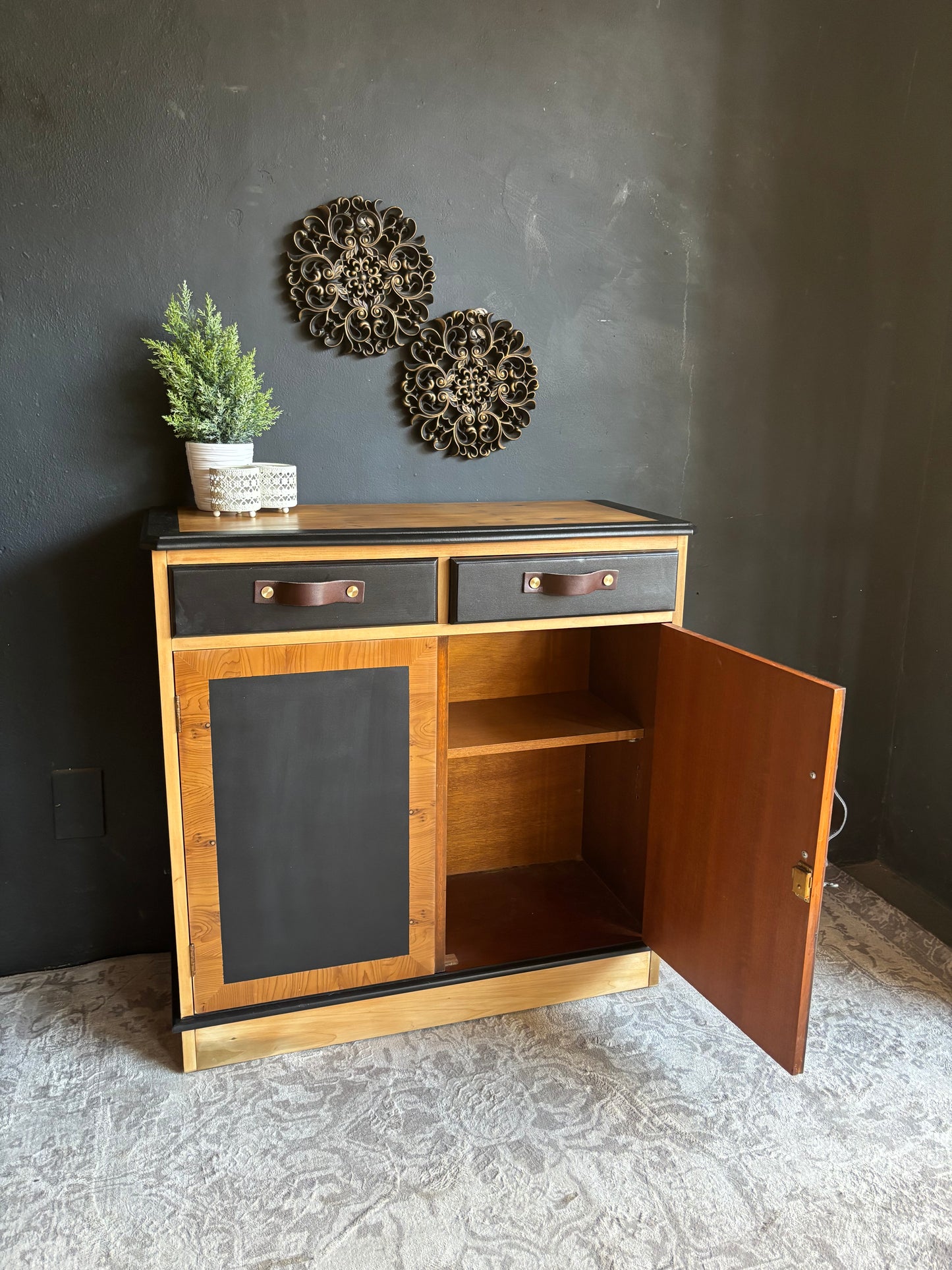 Two-Tone Cabinet with Leather Handles – Rustic Modern Charm