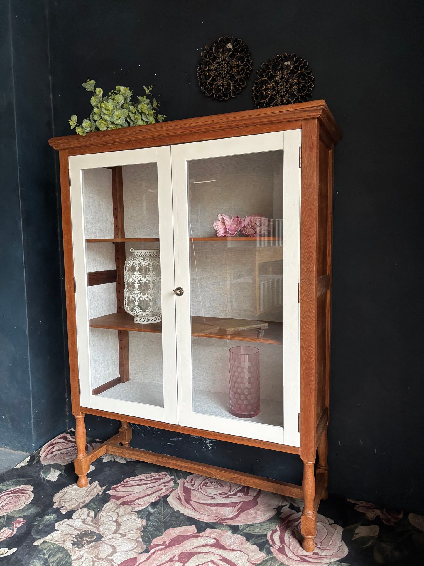 Vintage Teak & Linen Display Cabinet