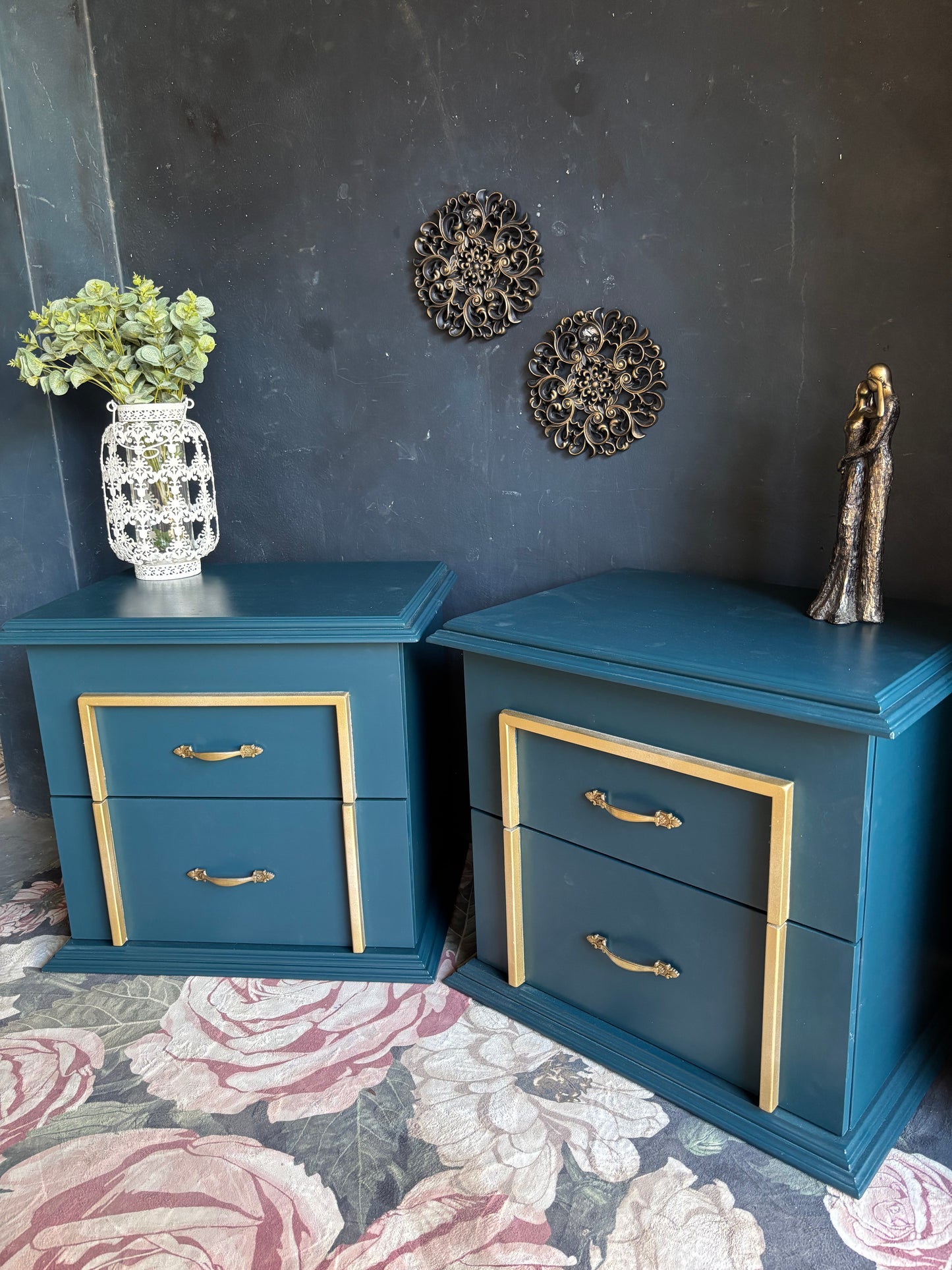 Teal & Gold Accent Bedside Tables (Set of 2)