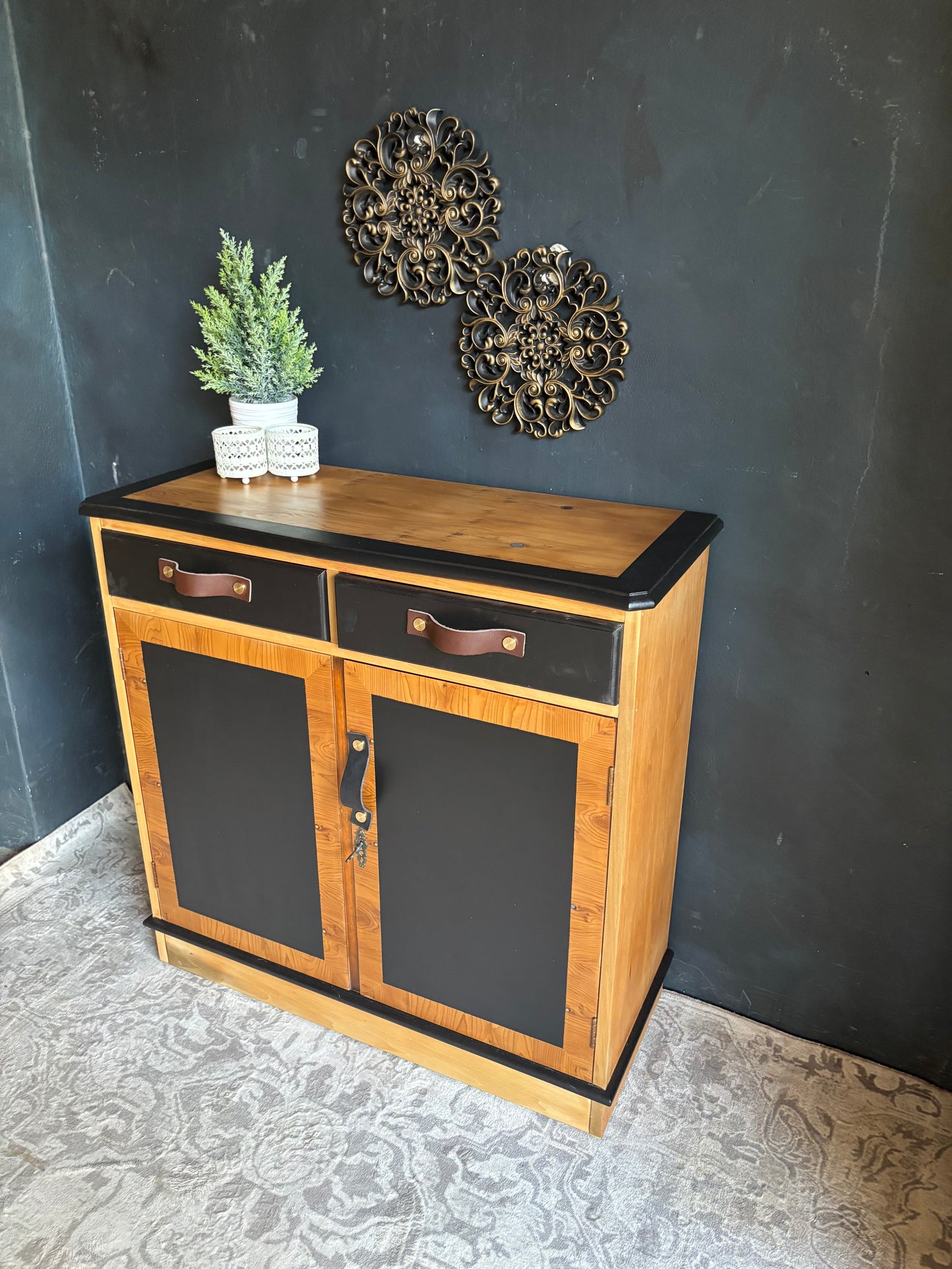 Two-Tone Cabinet with Leather Handles – Rustic Modern Charm