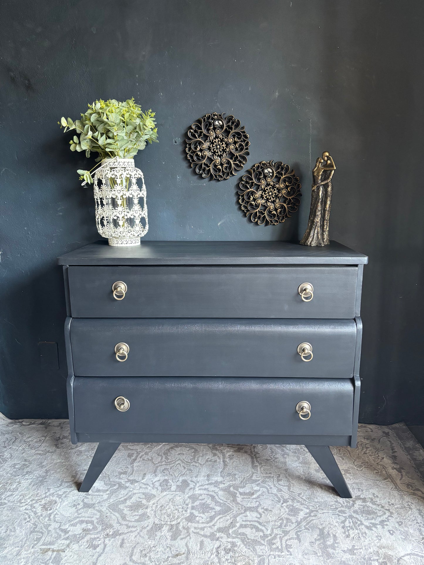 Navy 3 Drawer Chest with Brass Ring Handles