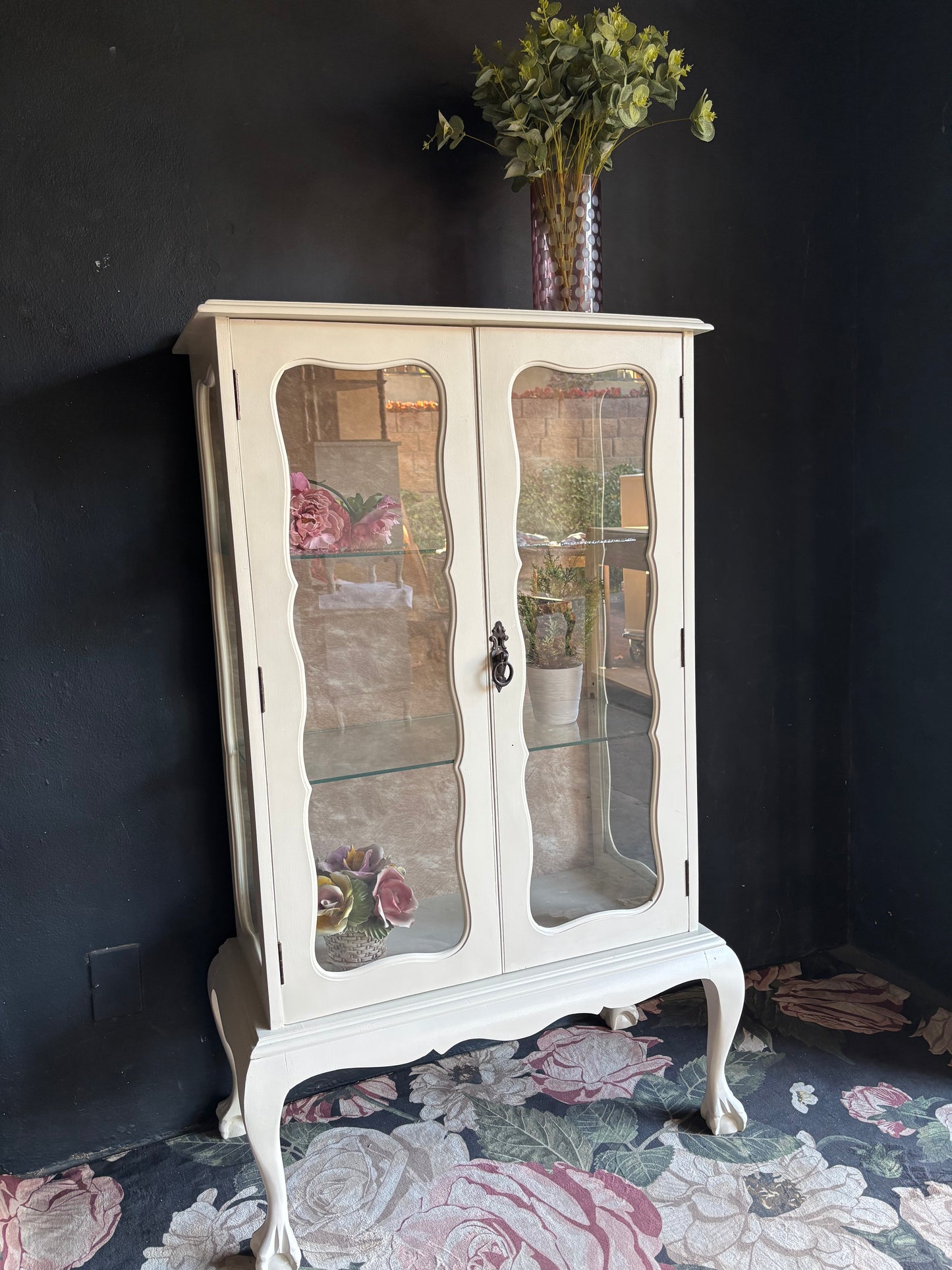 Vintage French Style Cream Glass Display Cabinet