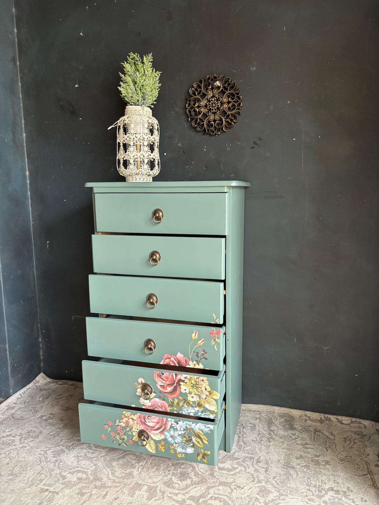 Floral Vibrant Teal Chest of Drawers