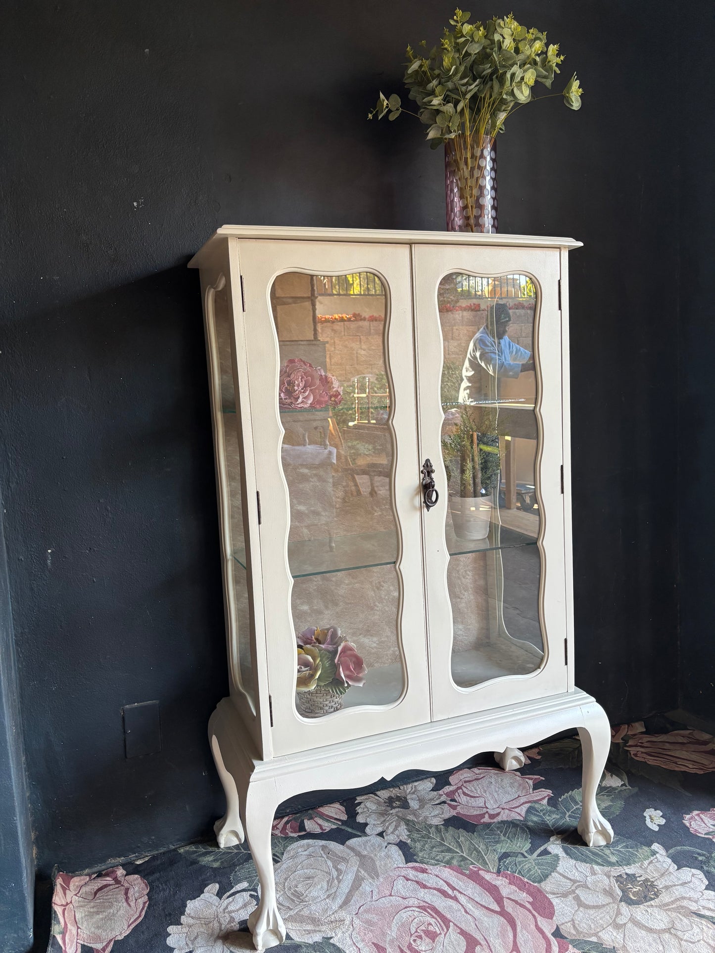 Vintage French Style Cream Glass Display Cabinet