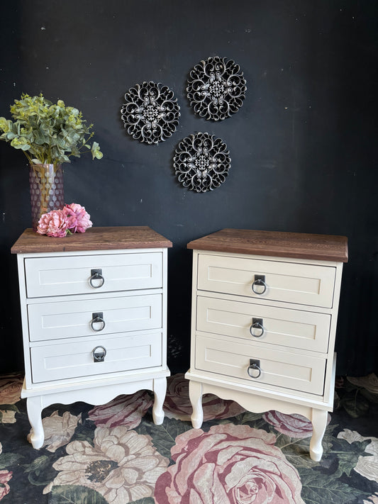 French Provincial Three-Drawer Bedside Tables with Solid Partridge Wood Tops