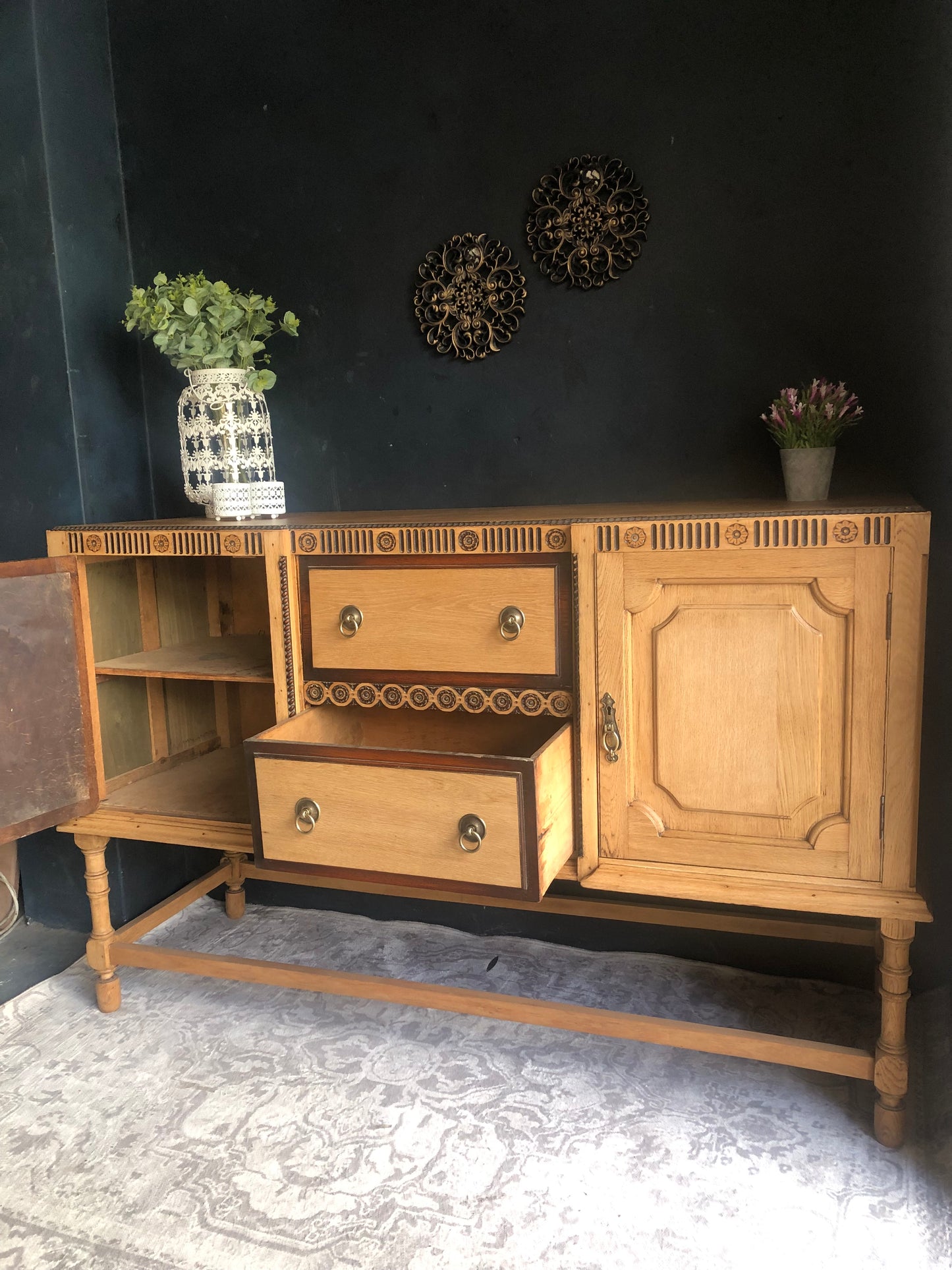 Solid Oak Vintage Sideboard with Carved Detail