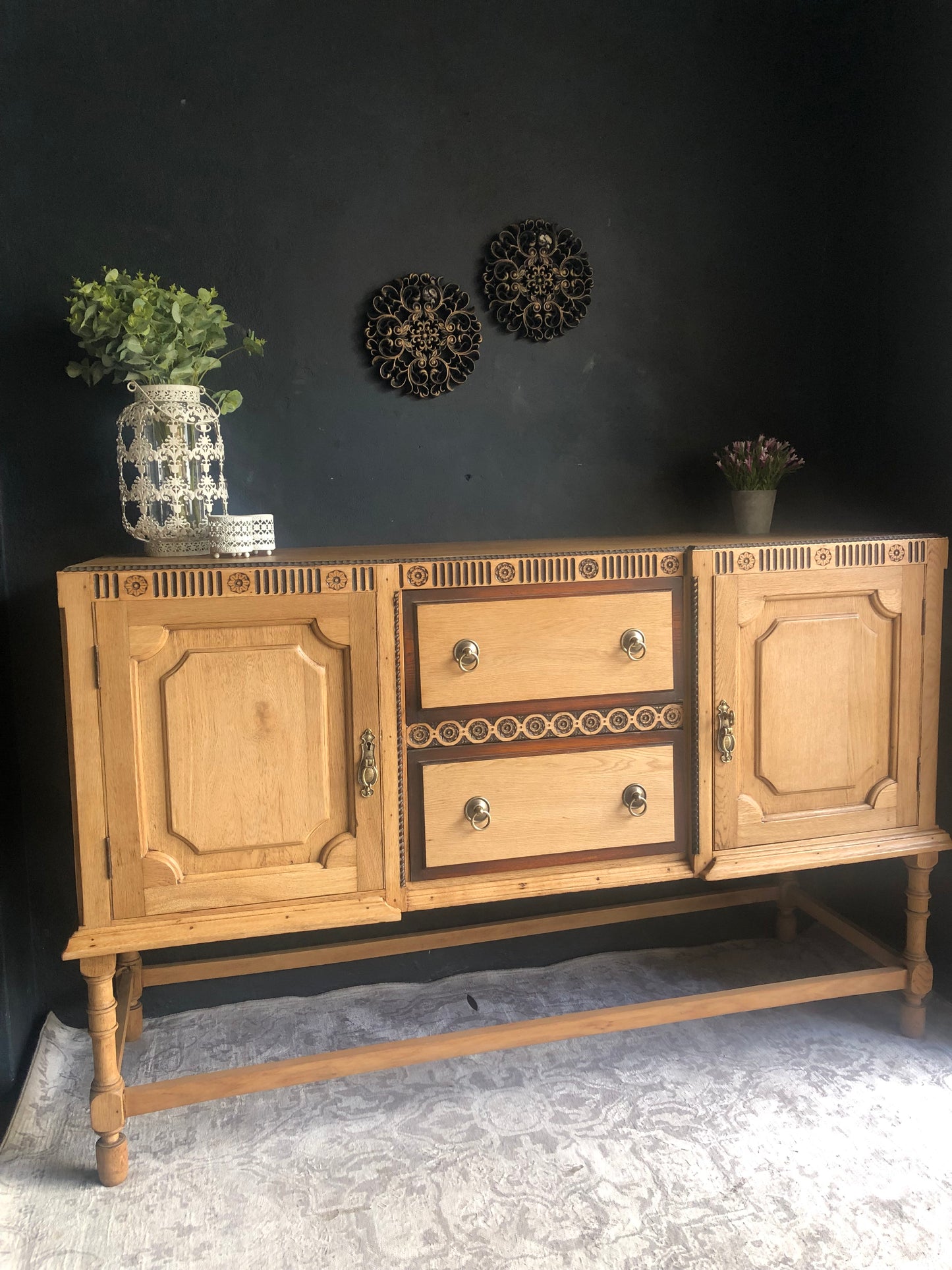 Solid Oak Vintage Sideboard with Carved Detail