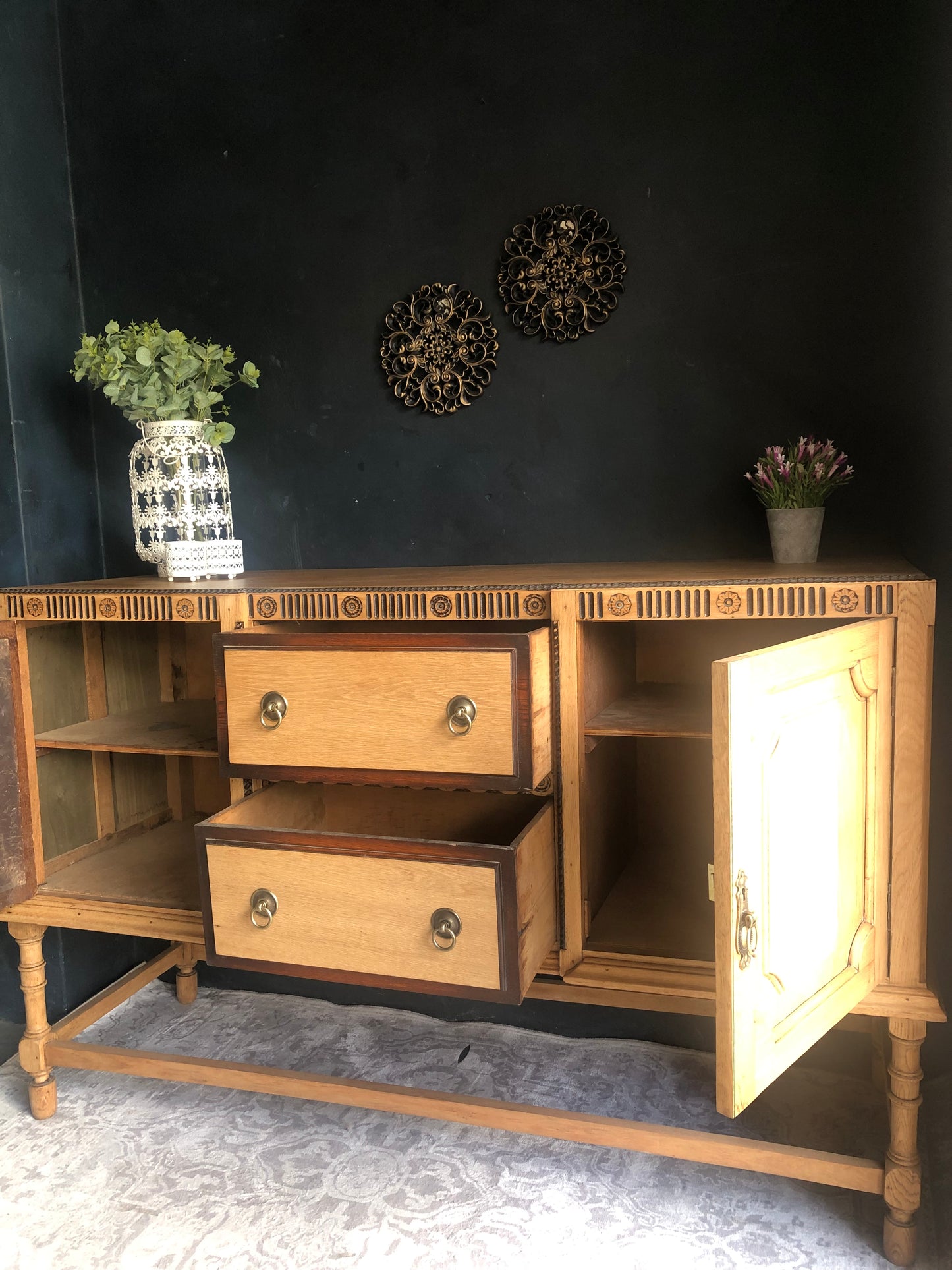 Solid Oak Vintage Sideboard with Carved Detail