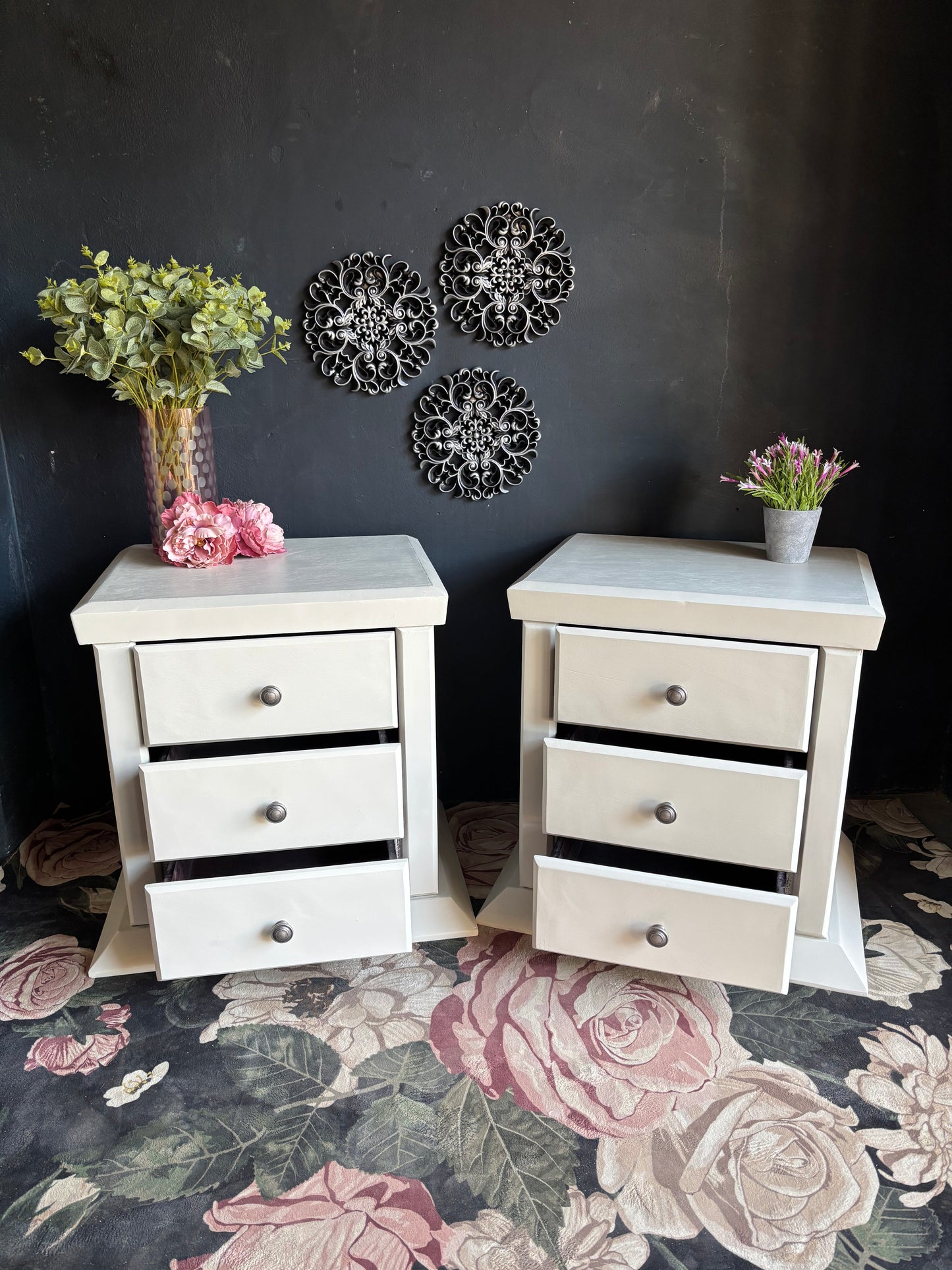 Pair of Soft White Three Drawer Bedside Tables