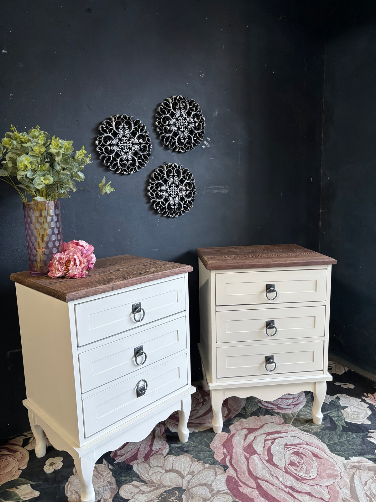 French Provincial Three-Drawer Bedside Tables with Solid Partridge Wood Tops