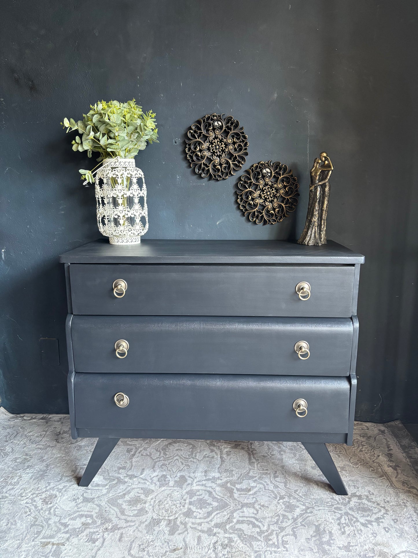 Navy 3 Drawer Chest with Brass Ring Handles