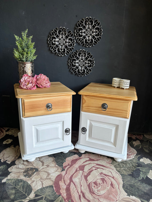 Pair of White & Pine Bedside Tables