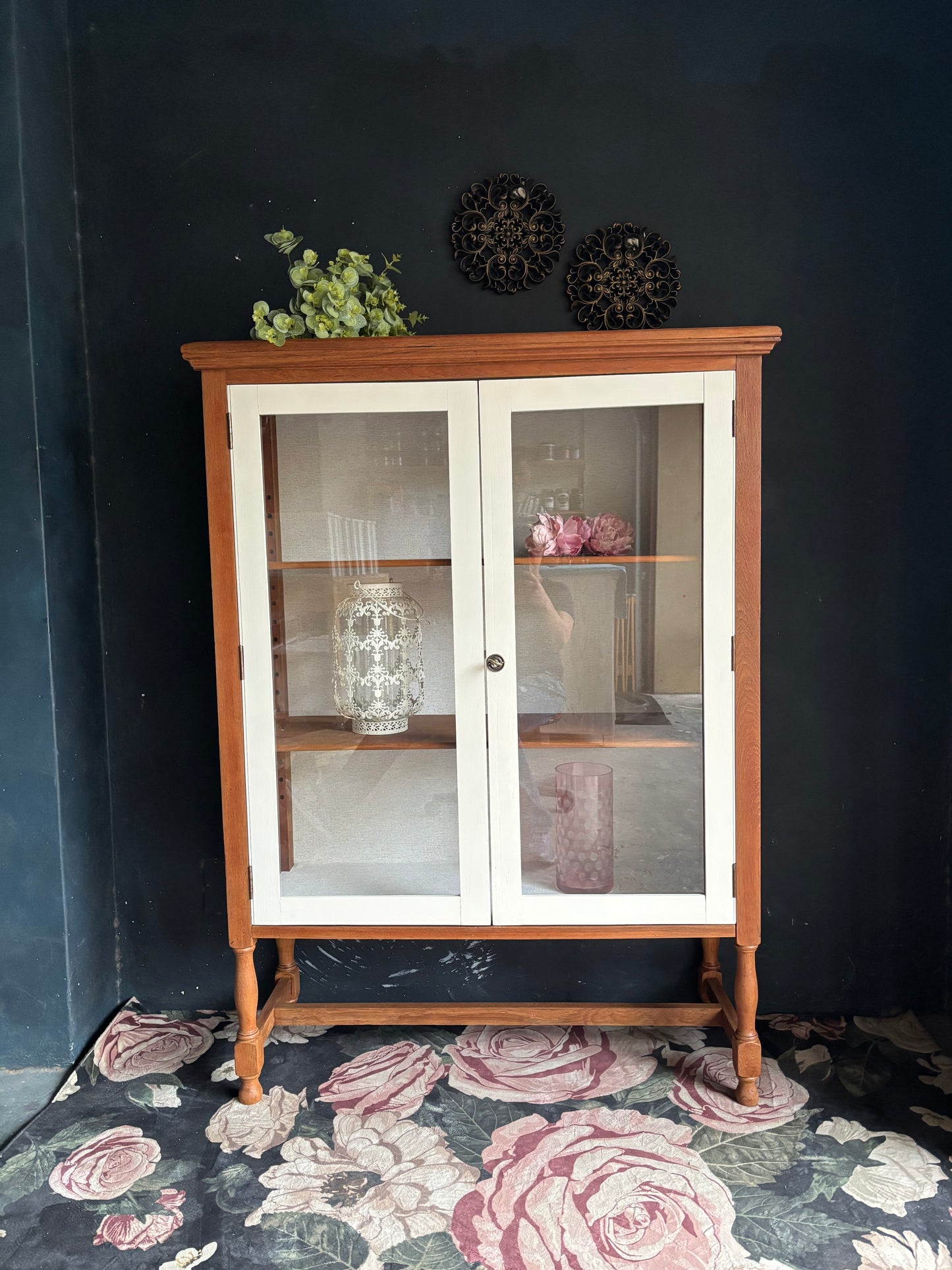 Vintage Teak & Linen Display Cabinet