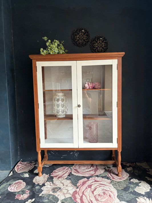 Vintage Teak & Linen Display Cabinet