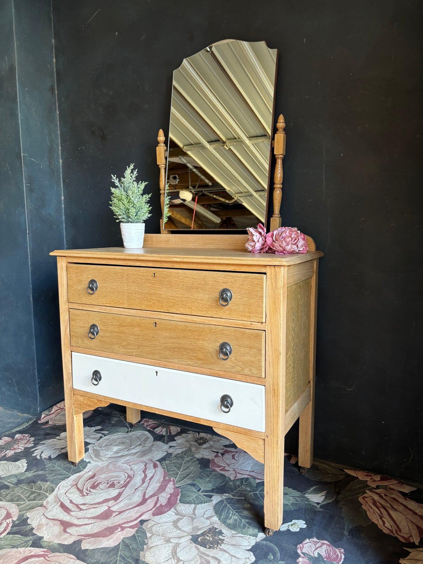 Natural Oak & White Accent Dressing Table with Mirror