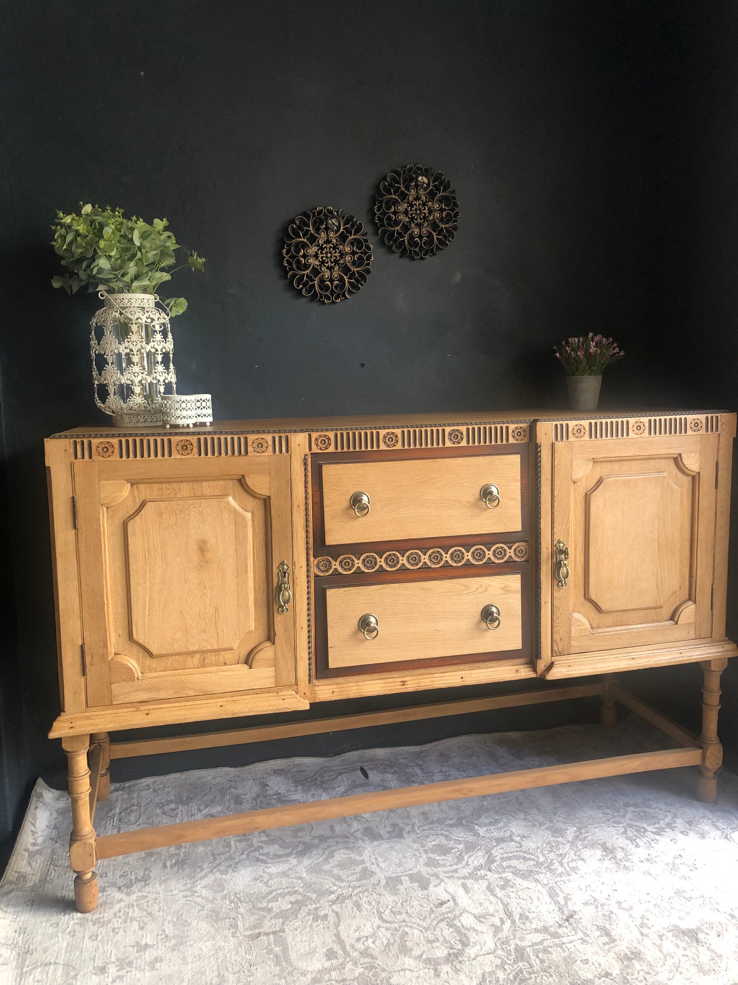 Solid Oak Vintage Sideboard with Carved Detail