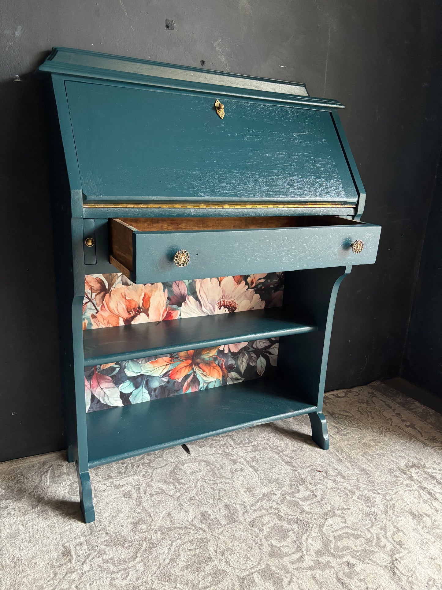 Teal Drop Front Writing Bureau