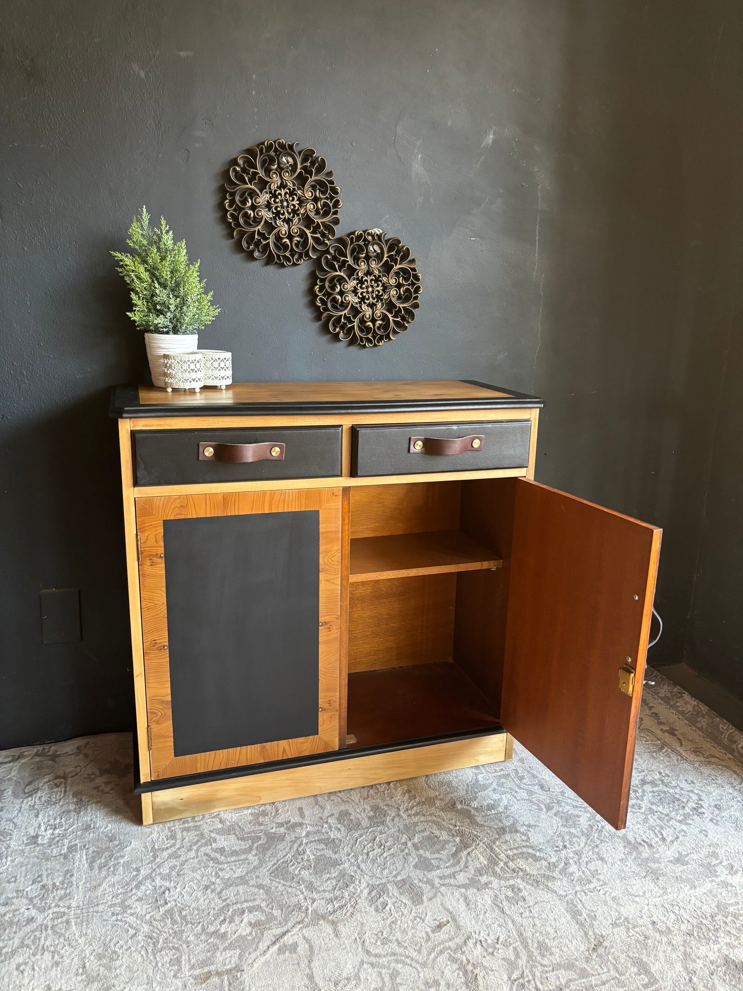 Two-Tone Cabinet with Leather Handles – Rustic Modern Charm