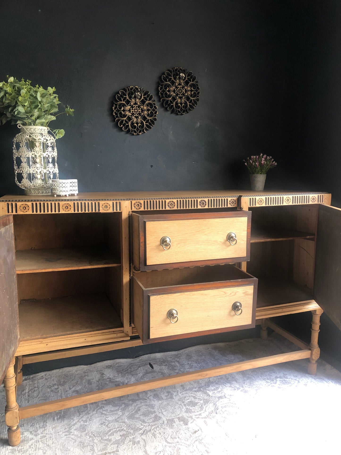 Solid Oak Vintage Sideboard with Carved Detail