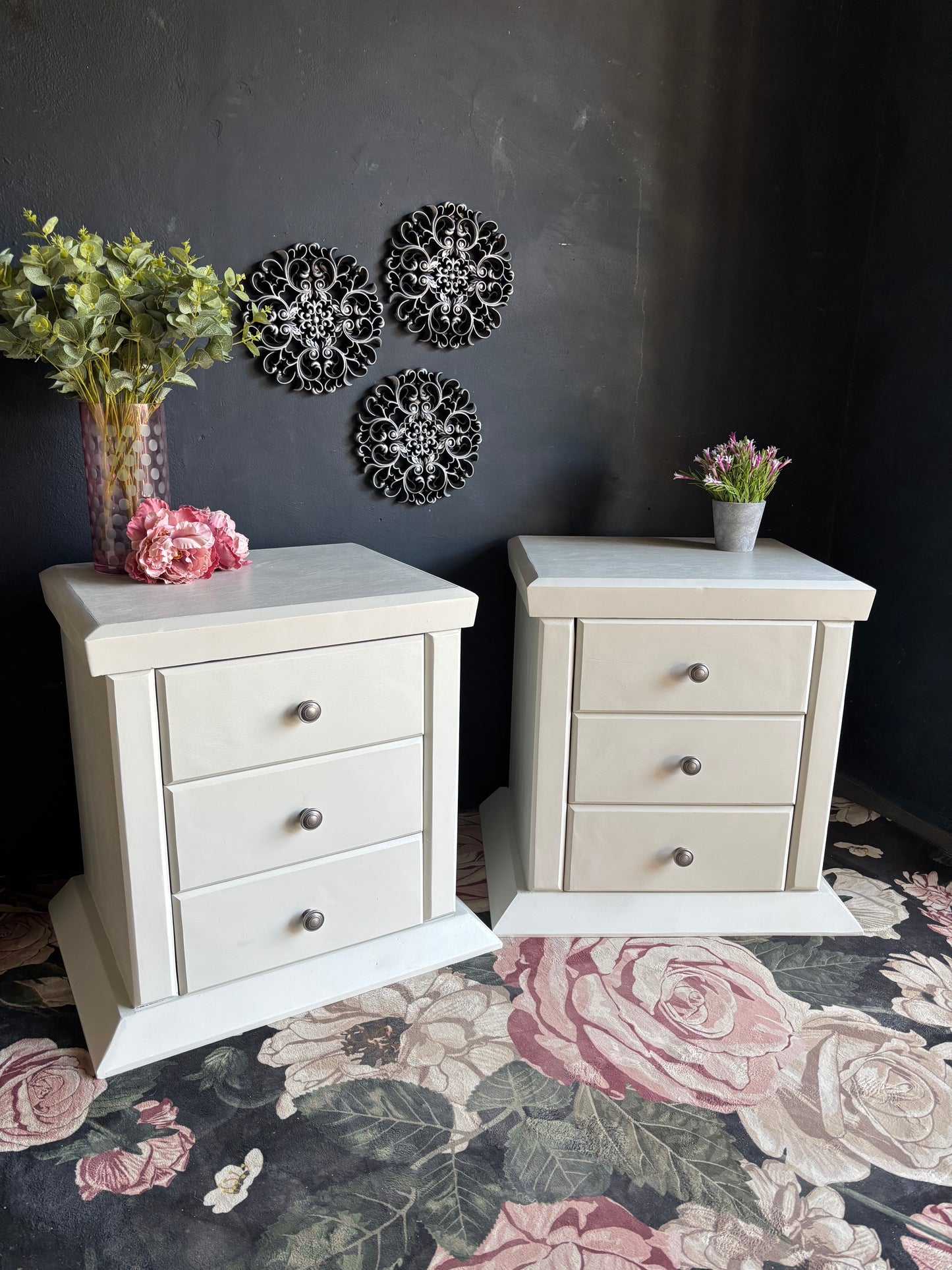 Pair of Soft White Three Drawer Bedside Tables