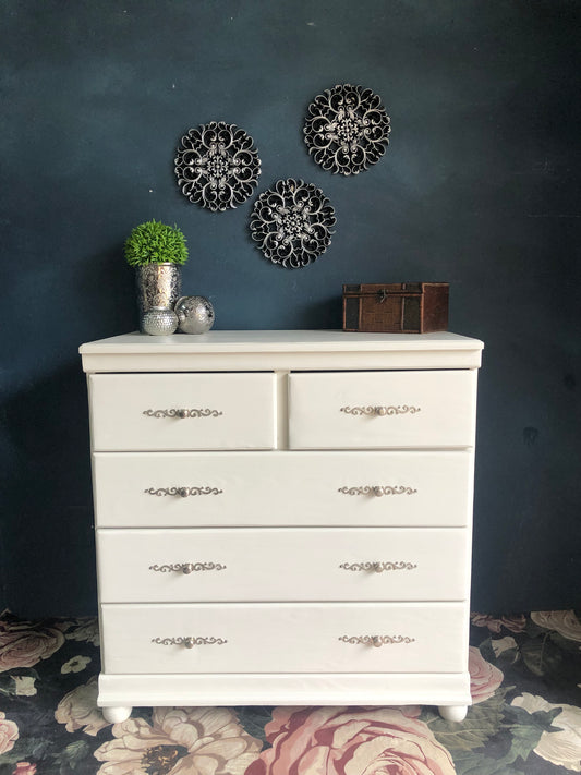 Classic White Solid Pine Dresser with Brushed Nickel Handles
